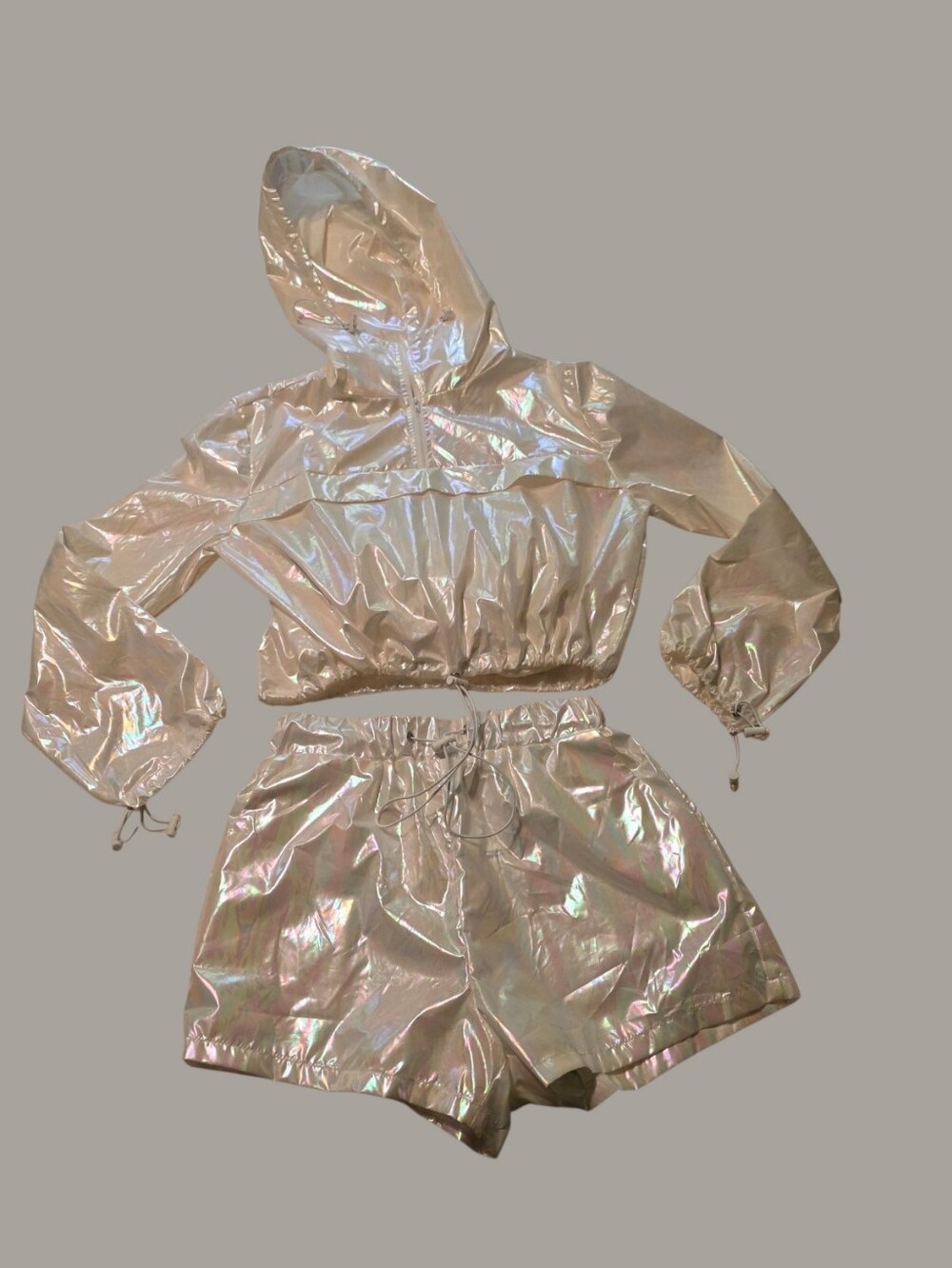 Waterproof Iridescent Reflective Jacket, Shorts + Sequin Top Awoo * Just Polly
